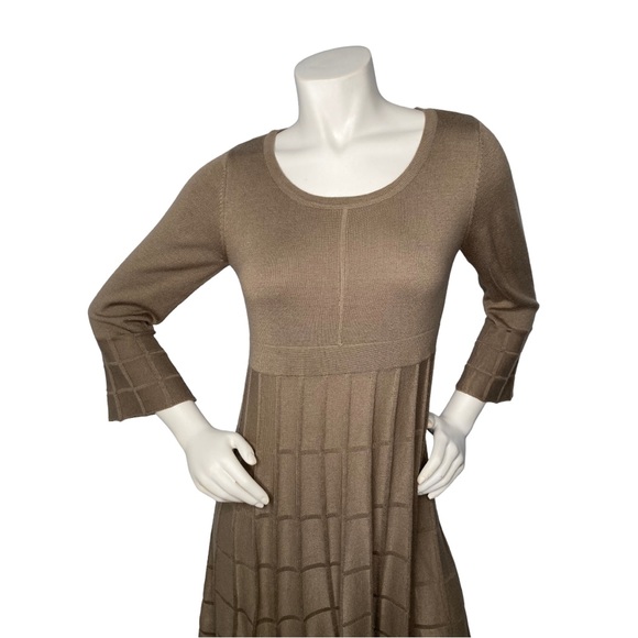 CALVIN KLEIN Light Brown Taupe Bell Sleeve Pleated Knee Length Dress, M - Picture 3 of 10